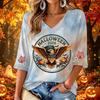 Women's Casual V-Neck Three-Quarter Sleeve Halloween Print Top