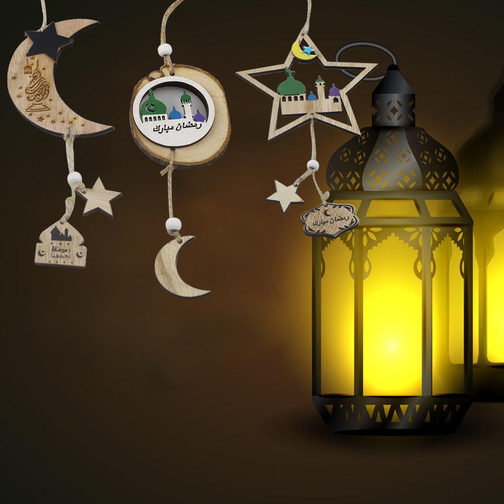 Holz Islamisches Fest von Eid Al-fitr Ramadan Eid Mubarak Original Ökologischer Gürtel Rinde Stern und Mond Kleiner Anhänger