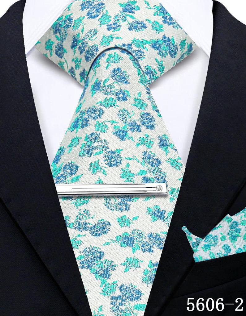 Men's Retro Floral Tie, Pocket Square & Tie Clip Set for Weddings