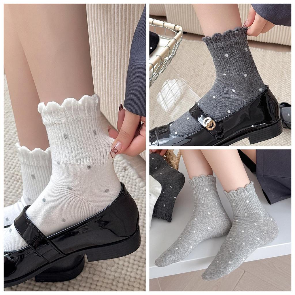 25 New Women's Mid-Calf Wood Ear Edge Polka Dot Lace Socks, Japanese Ballet Style Autumn Trend