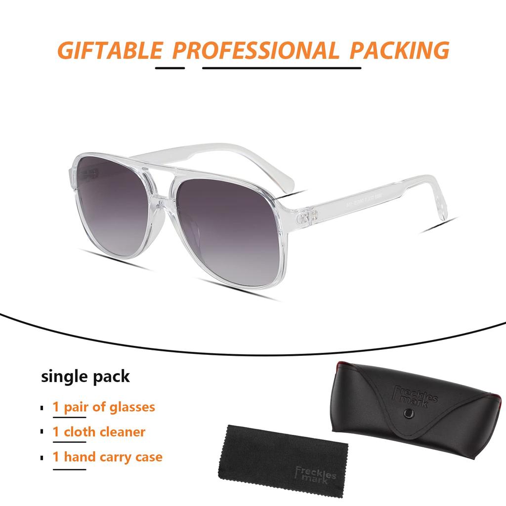 Freckles Mark Vintage Retro 70s Sunglasses for Men and Classic Large Square Aviator Trendy Oversize Women, Glasses, Clear,