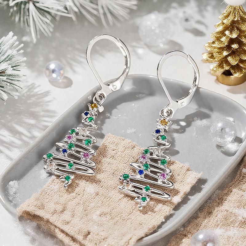 Huitan Trendy Festival Christmas Tree Dangle Earrings for Women Silver Color Colorful Cubic Zirconia Daily Wear Party