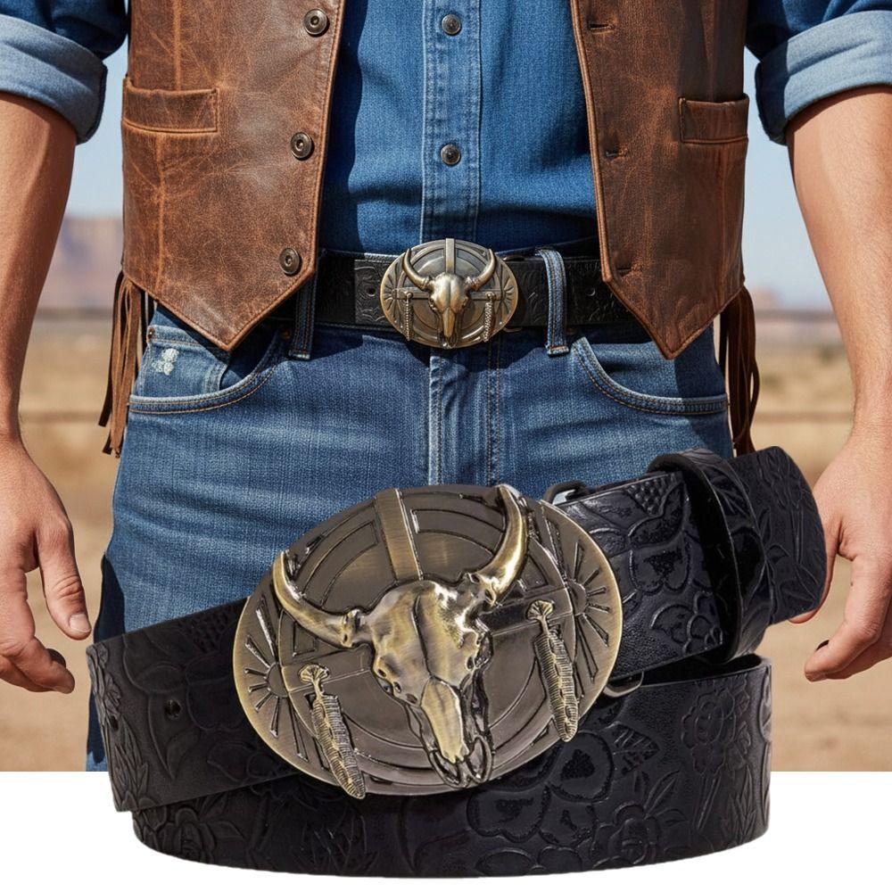 Fashion Carved Western Cowboy Belt Retro Vintage Embossed Belt Cow Head Buckle Jeans Pants Belt For Man Women
