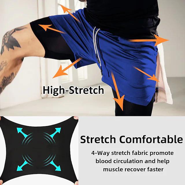 Men's Double Layer Color Block Sports Shorts with Hang Towel - Breathable, Solid Color Fitness Running Shorts.