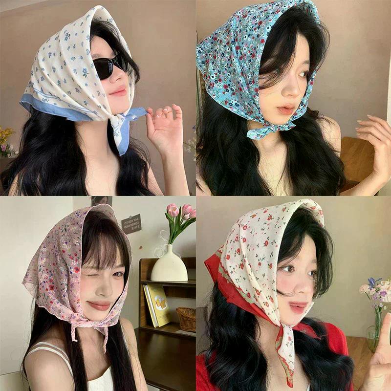 Vintage Floral Headscarf Women Bandana Head Wrap Hair Clips Headwear Summer Travel Beach Hair Accessories