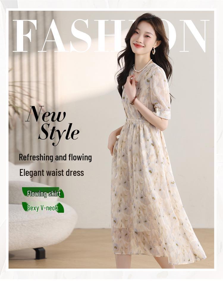 Gentle Floral Print V-Neck Summer Dress for Women - Elegant French Tea Break Style