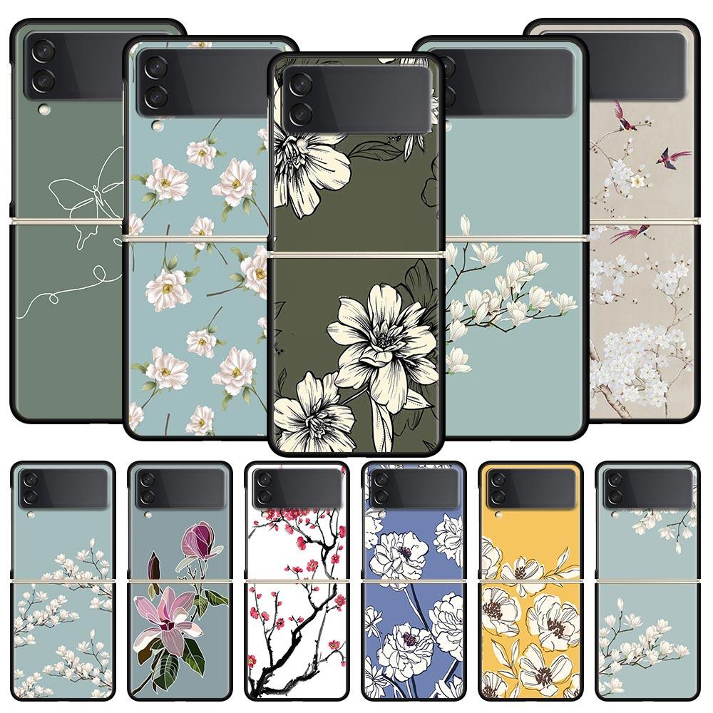 Flower Phone Case For Samsung Galaxy Z Flip3 Flip4 Flip5 PC Bumper Shell For Z Flip 3 4 5 Black Hard Folding Back Cover