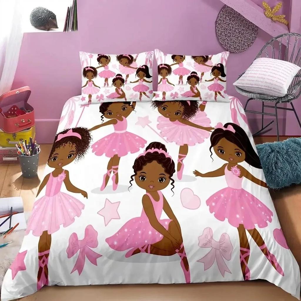 American Black Girl Duvet Cover Set,Black Girl Magic Bedding Set Full Size,Cute Little Afro Black Princess Comforter Cover Sets
