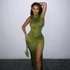 Euro-American Women's Solid Sleeveless Midi Dress 2023 - Elegant Slim Fit, Sexy Slit Design for Spring/Summer