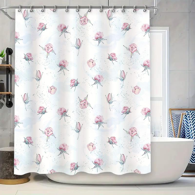 

Pink Rose Watercolor Shower Curtain Bath Decor for Home Decoration Modern Floral Print Bathroom Set with Rod (White) 90x180cm