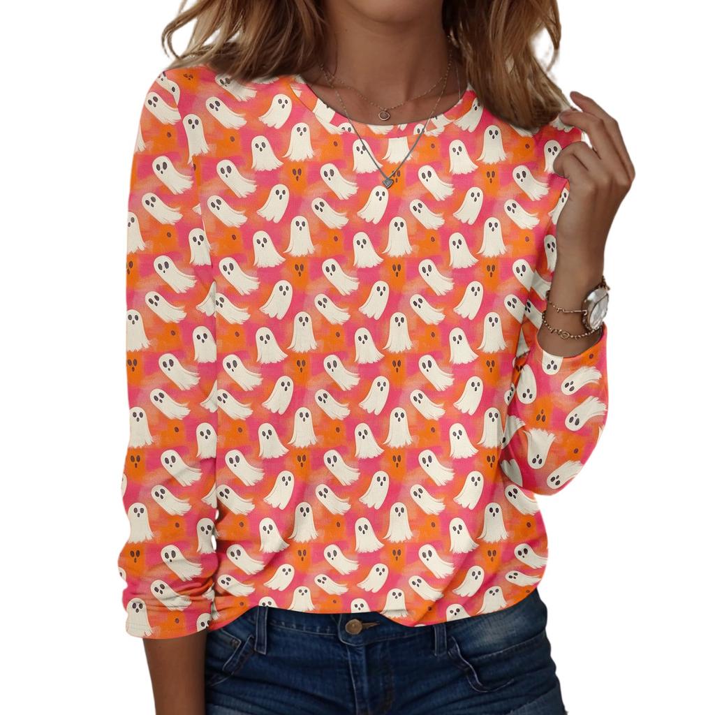 Women's Casual Long Sleeve Halloween Print Pullover Top Crew Neck Lightweight Sweatshirt for Fall and Everyday Wear