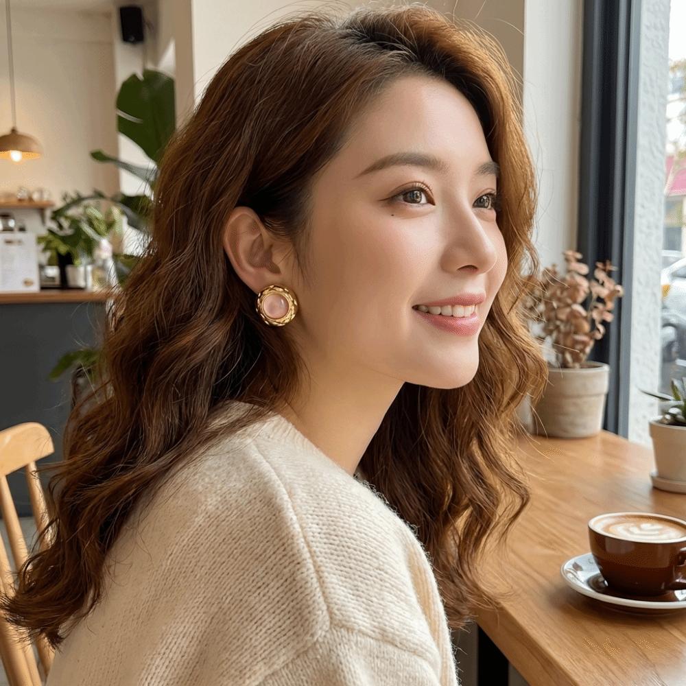 Stainless Steel Flower Earrings Oblate Shape Round Earrings Fashion Opal Earrings  Party