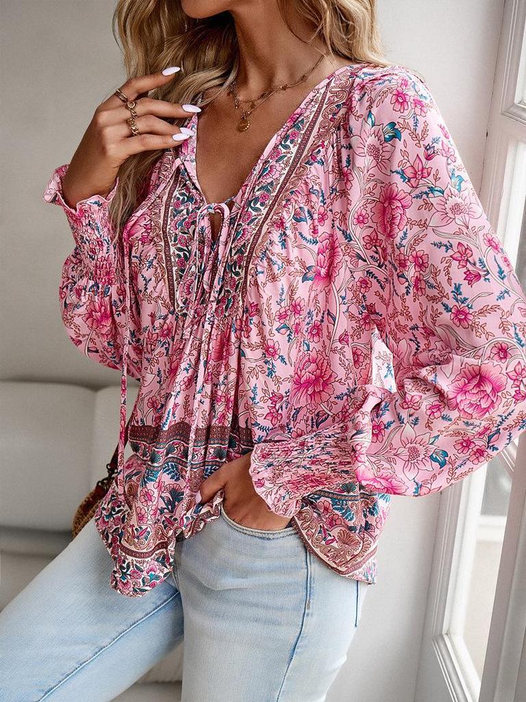 2025 Spring/Summer Bohemian V-neck Tie-Up Long Sleeve Women's Top