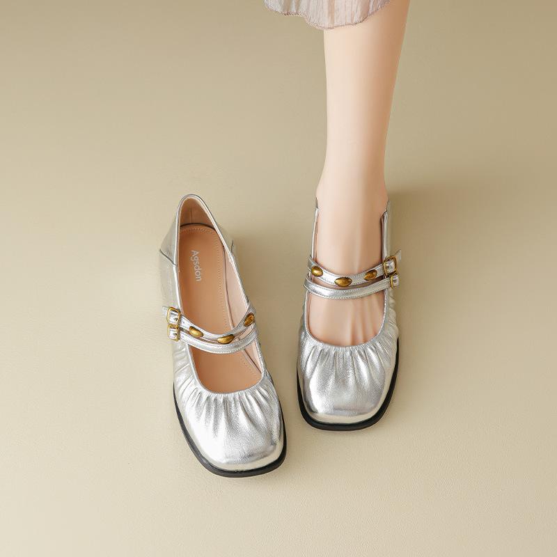 Augustine silver Mary Jane shoes women's 2025 new summer wear French thick heel with skirt light mouth single shoes