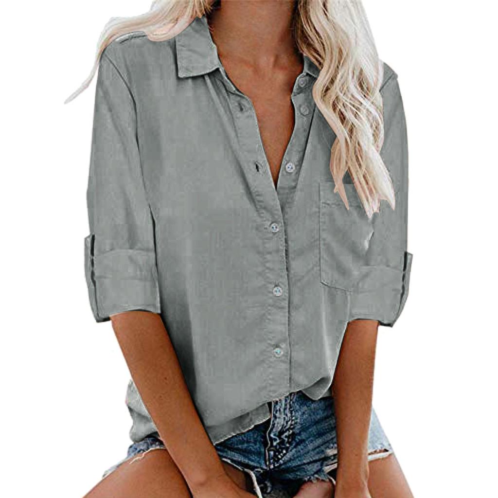 Buy Plus Size Womens Long Sleeve Shirt Pocket Button Tee Casual Tops at
