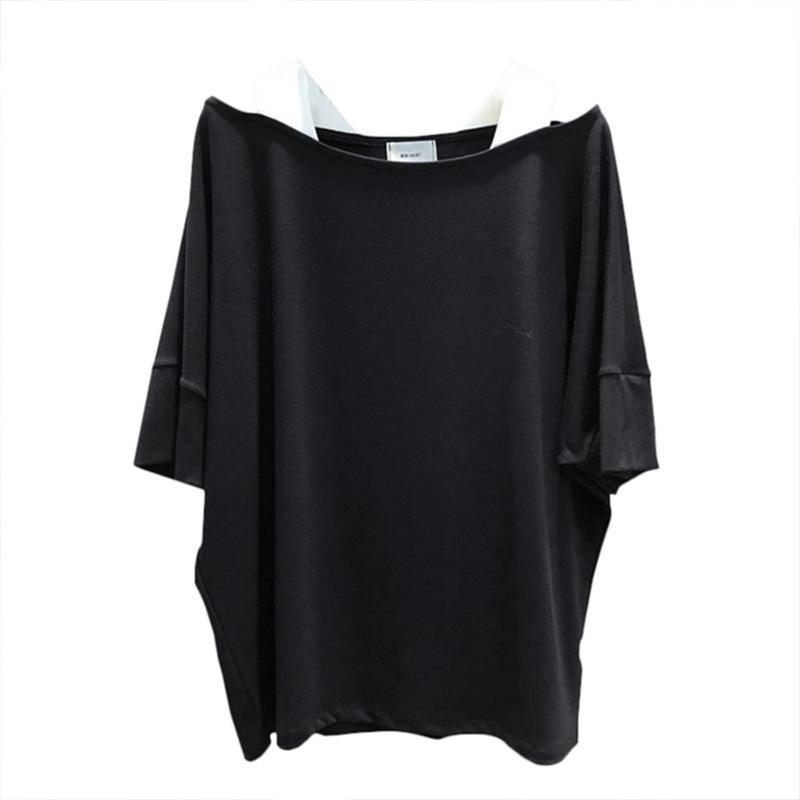 Summer Fashion Fake Two Pieces All-match Tops Women Loose Casual T-shirt Female One Word Shoulder Pullover Tee