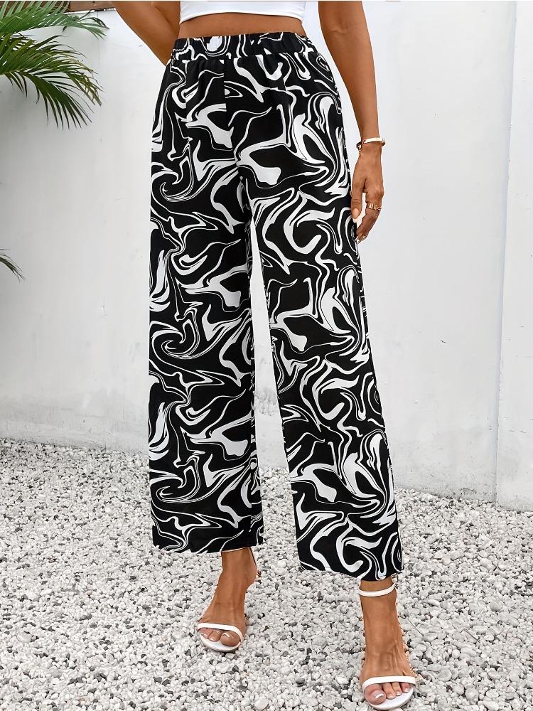 

Spring and Autumn Elastic High-waisted Trousers with Drape Casual Marble Print Straight-leg Long Trousers for Women S чорний