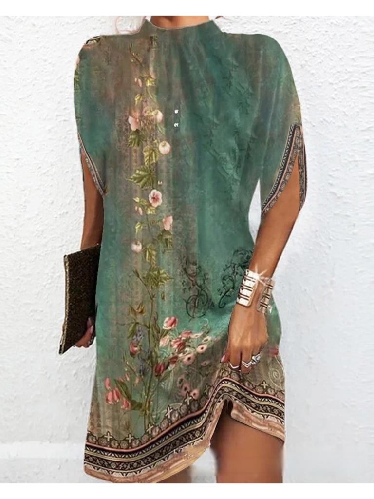 Rundhals Print Blumenkleid Taillenbetont Elegant Plissiertes Kleid für Damen Kurzarm Lockere Kleider Causal Kleid