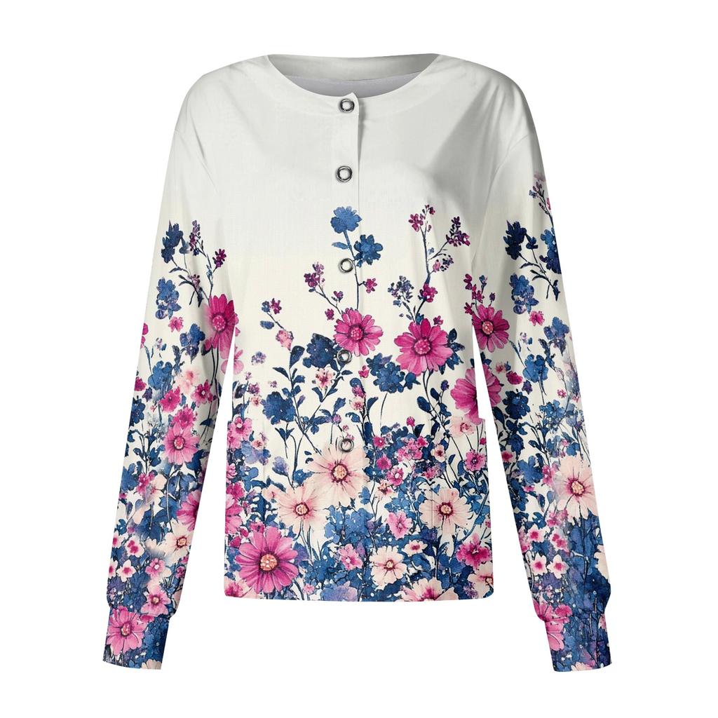 Women's Casual Long Sleeve Single Breasted Floral Print Caregiver Cardigan Top Lightweight Button Up Shirt for Daily Wear