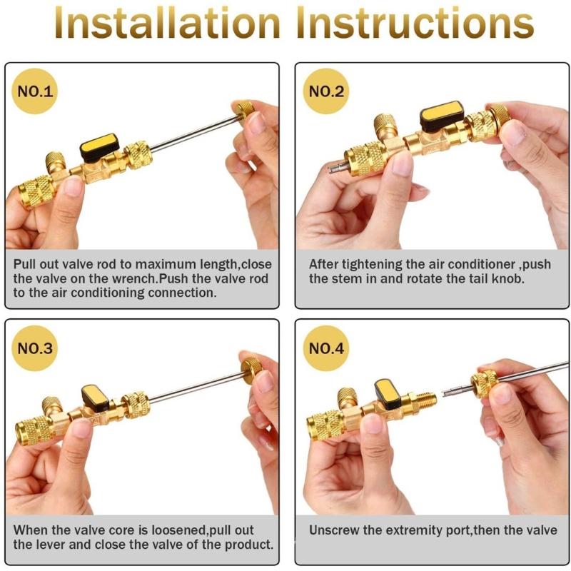 Small Ball Valves Core Extractor Kit Includes Brass Adapters Sealing Washers for R410A R22 32 Refrigerants Ports Use