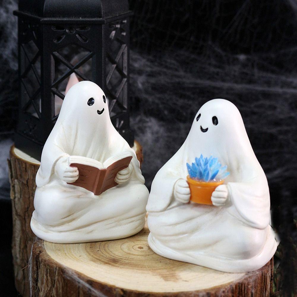 2pcs Resin Sitting Figure Cartoon Ghost Sculpture Funny Halloween Ghost Ornaments  Courtyard