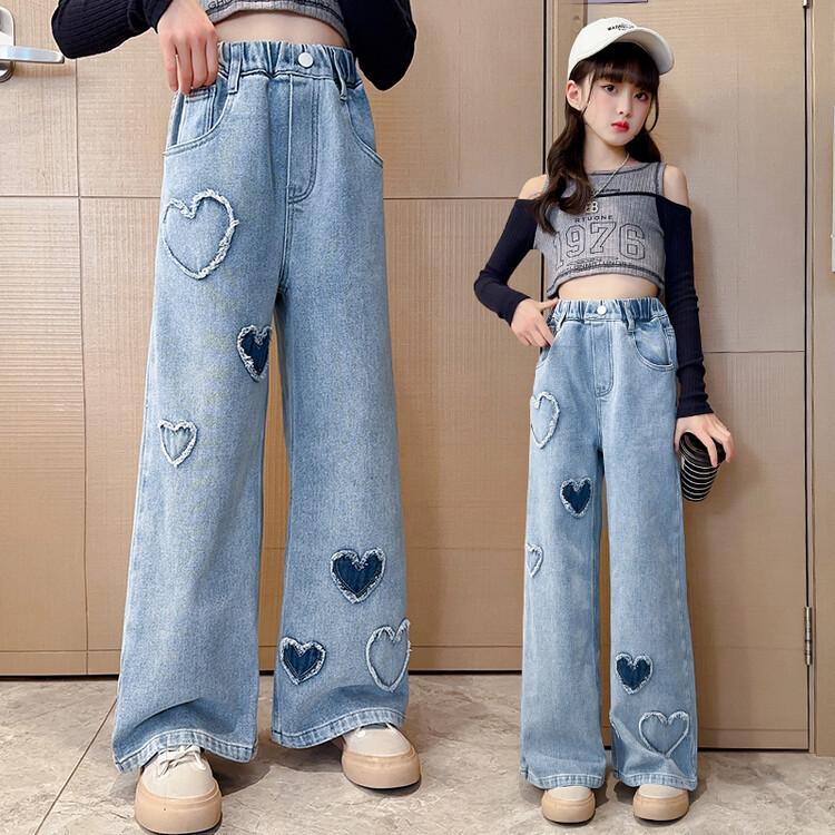 2025 Vår Jenters Vide Bukser Kjærlighetsmerke Jeans, Blå