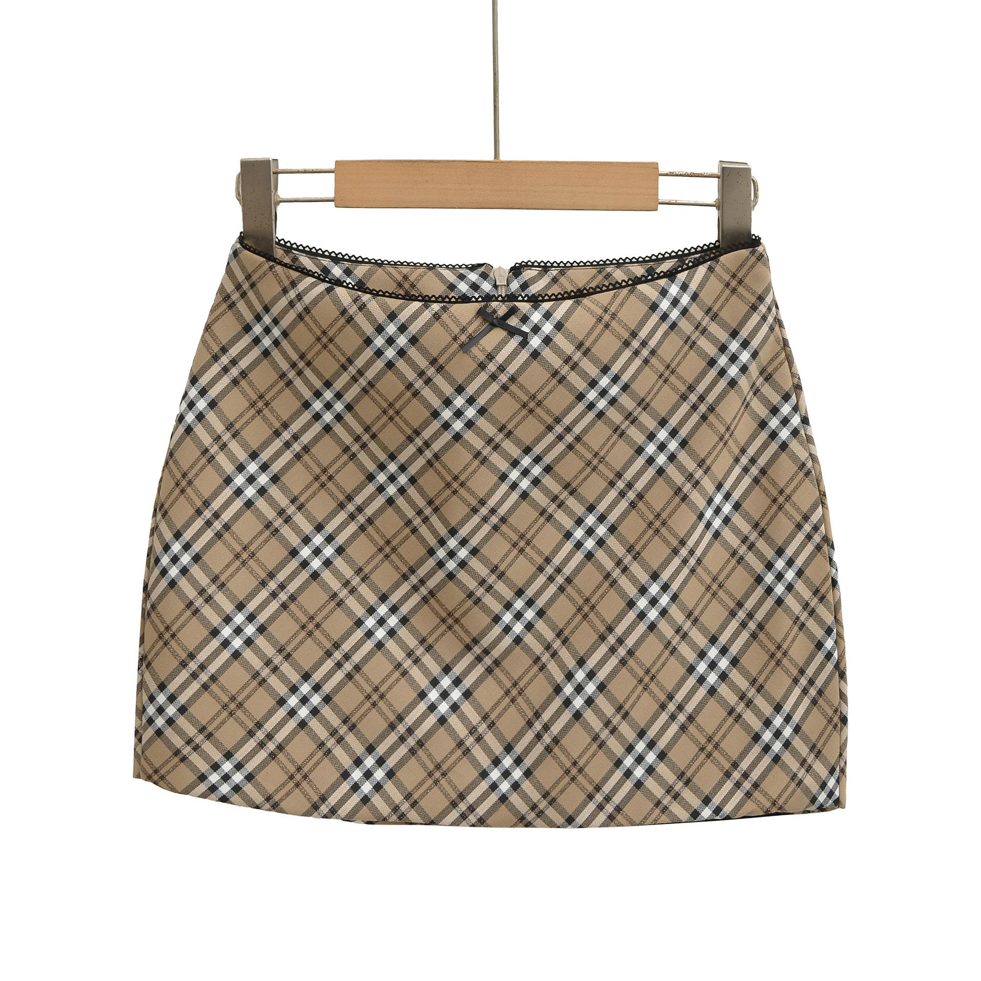AY727-25 Autumn Plaid Skirt with Lace Waistband and Bow Detail Large