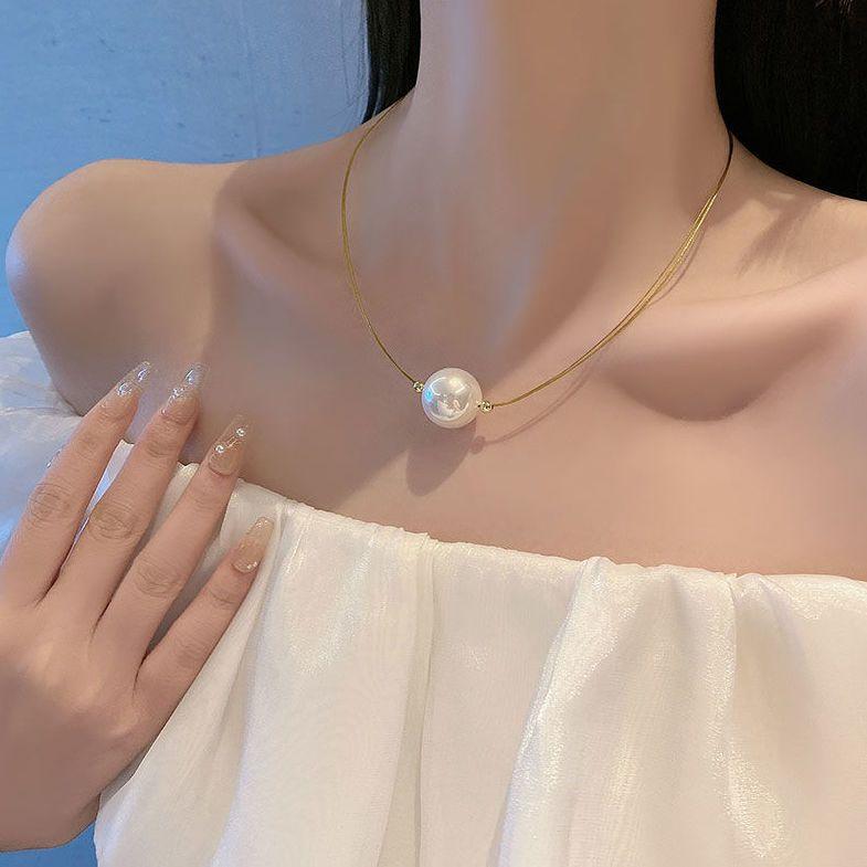 French retro pearl necklace women's one big high-end temperament summer collarbone chain neck chain accessories tide