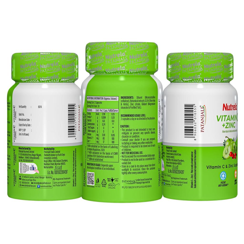Nutrela Vitamin C and Zinc Capsules for Men & Women 60 Count Pack of 1 Immune Support & Skin Care