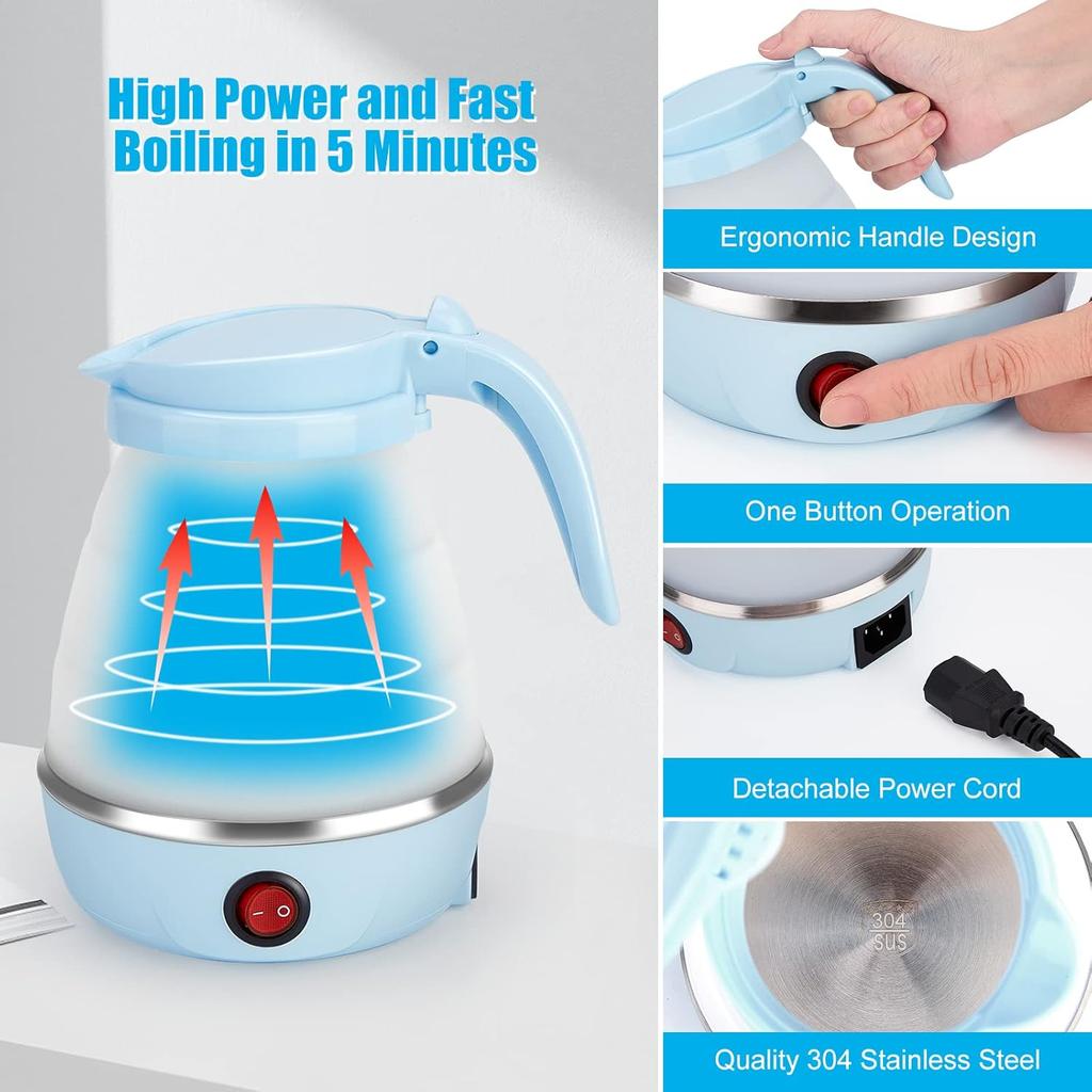 Foldable Electric Kettle 600ML, Portable Travel Kettle for Tea Coffee, Includes Bowl & Cups, Food Grade Silicone, 110V