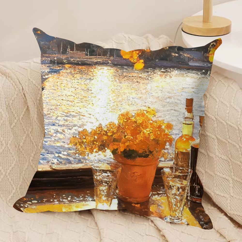 Warm Leisure Oil Painting Cushion Cover Silky Short Plush Invisible Zipper Dustproof Sofa Pillow Case For Home Decor