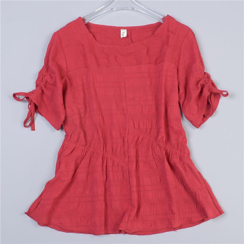 

33 K-стиль круглый вырез плиссированный пуловер рубашка женская L78794 лето с контролем талии приталенный силуэт утягивающие кулиска короткий рукав повседневные топы 1 Red L