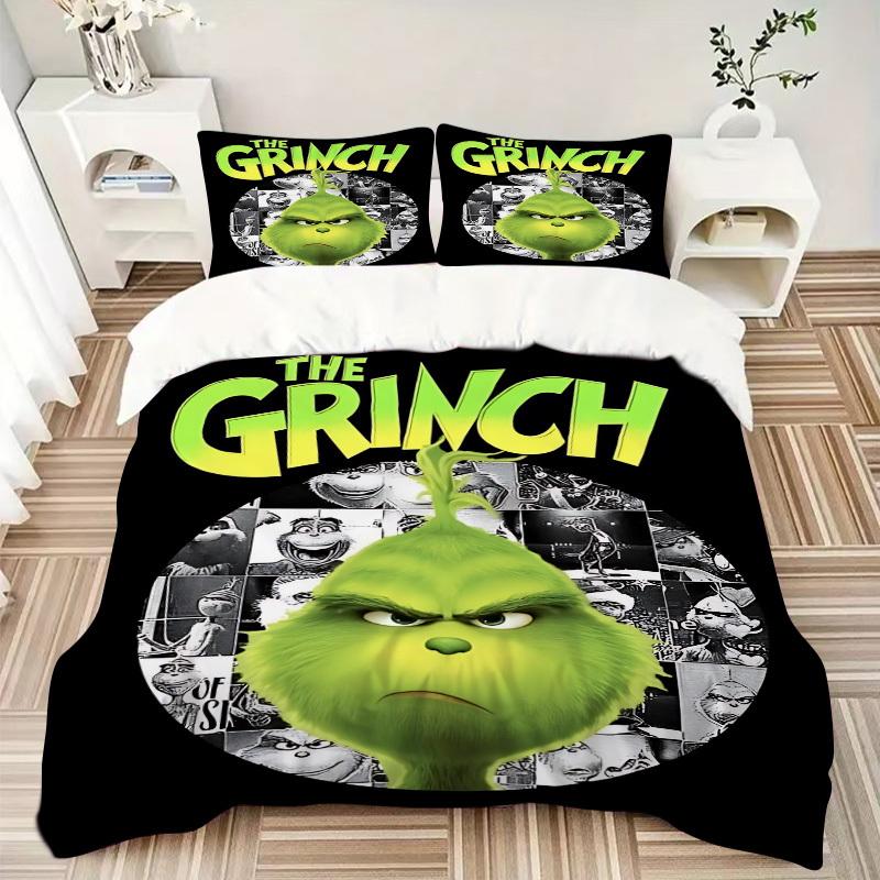 3pcs Grinch Poster Print Duvet Cover Set, 1 Duvet Cover + 2 Pillowcases (No Insert), High-Definition Print, Home & Dorm Set yy251208036