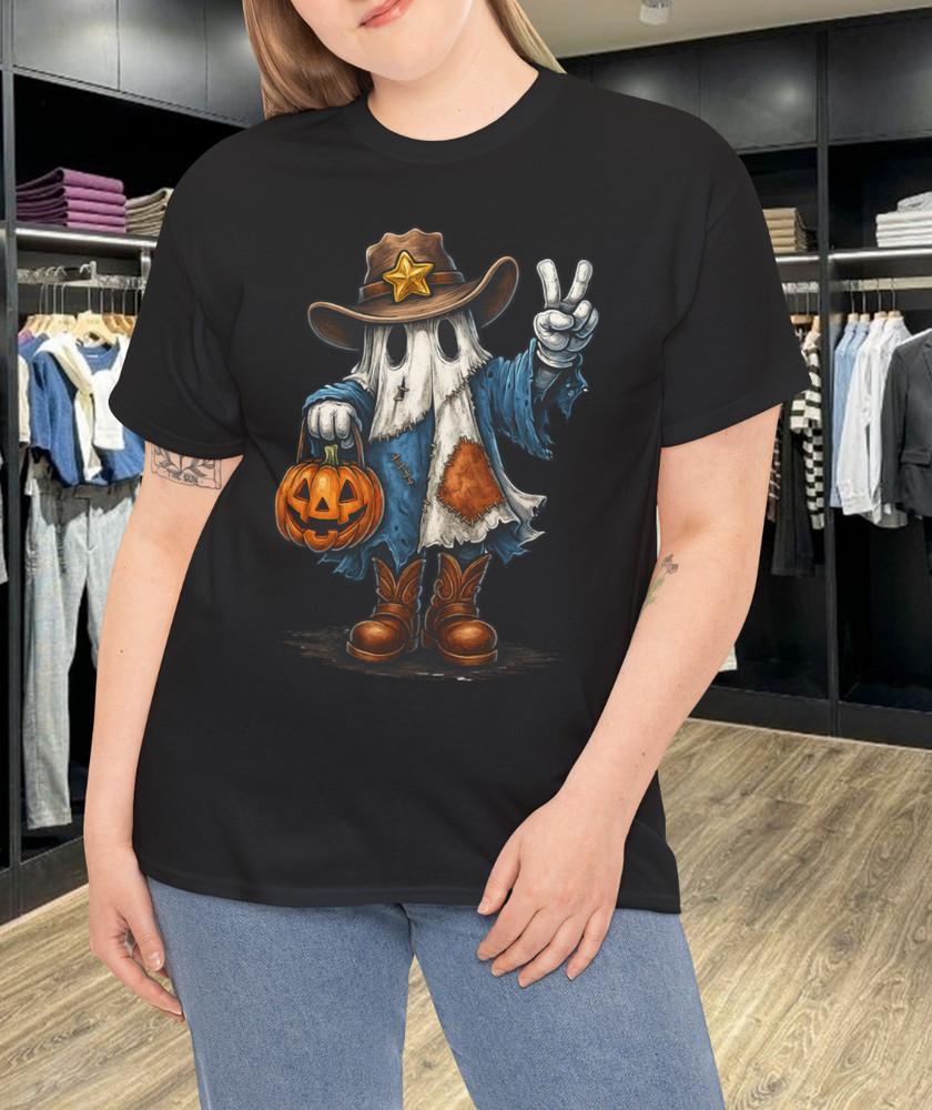 

Retro Halloween Cowboy Blue Denim Ghost T-Shirt S