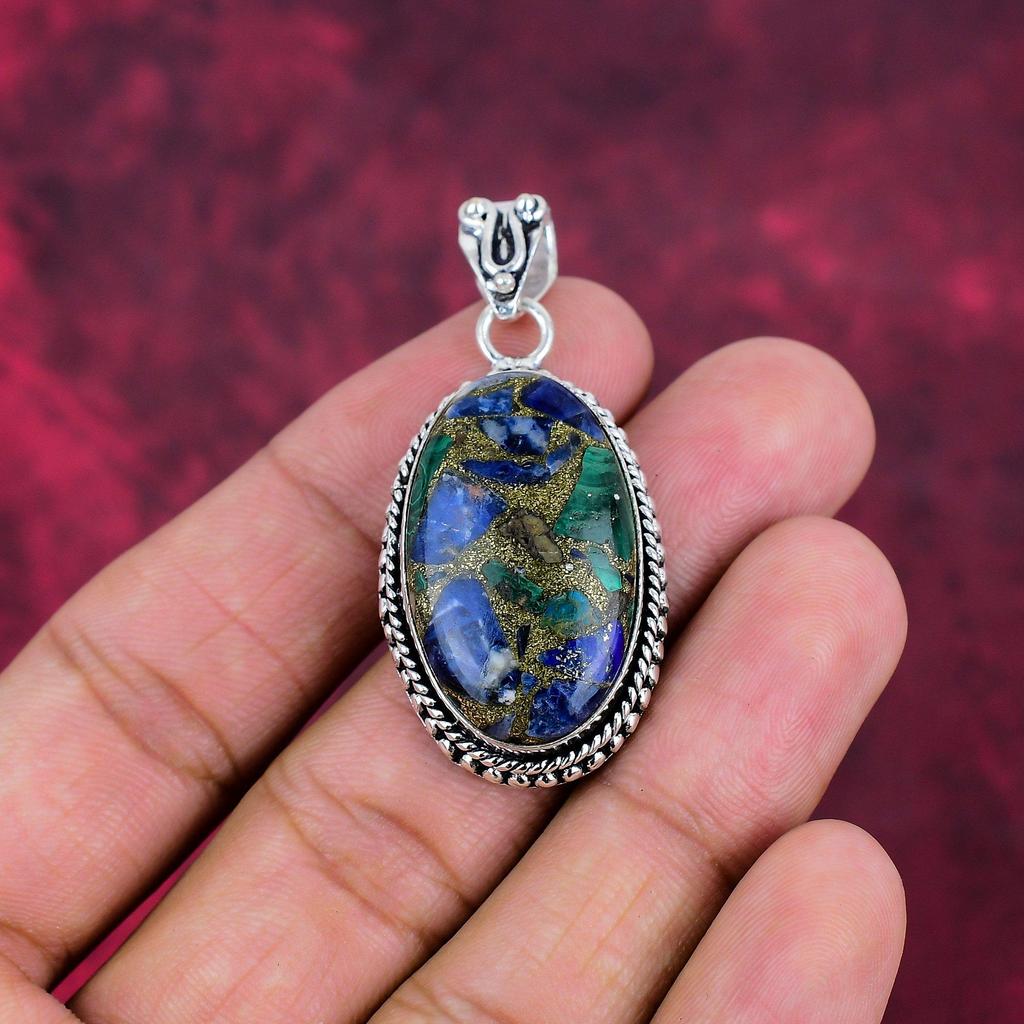 Pendentif en cuivre azurite malachite, bijoux en argent sterling massif 925, pendentif fait main, pour le Memorial Day