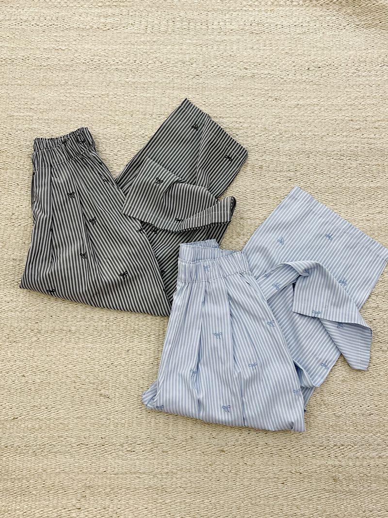 Butterfly Secret Embroidered Bow Tie Striped Floor-Length Women s Summer Pants Small