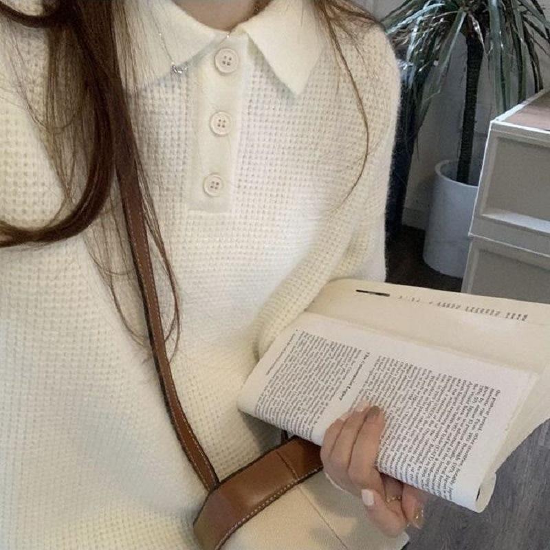 

Французский однобортный трикотажный свитер с лацканами и длинными рукавами для женского весеннего повседневного простого дизайна, свитер-пуловер с воротником поло для женщин 49-75 (average size) белый