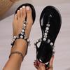Luxury Silver Glitter Pearl Decoration Ankle Strap Black Sandals Women 2025 Summer Flat Heels Nude Flip Flops Sexy Beach Sandals