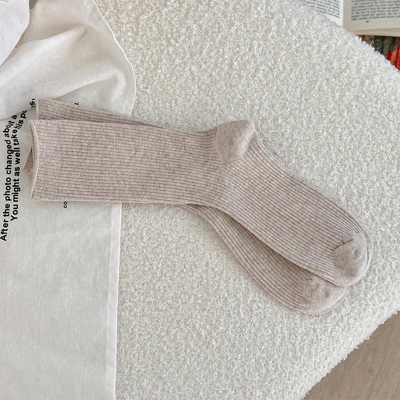 Simple Basic Solid Color Fine Vertical Striped Medium Tube Socks Season Wear With Birkenstocks Stacking Socks