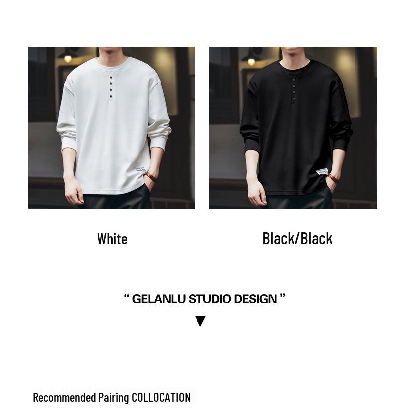 Premium Retro American Henley Collar Long Sleeve Men's Hoodie - Autumn Plus Velvet, Loose Fit High-Grade Pure Cotton POLO Shirt