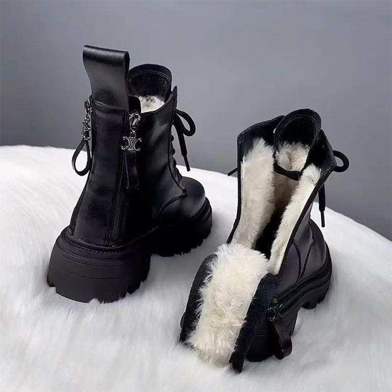 Winter Women's Boots Plush Warm Cotton Shoes Outdoor Waterproof Leather Snow Boots Lace Up Platform Booties Botas Invierno Mujer