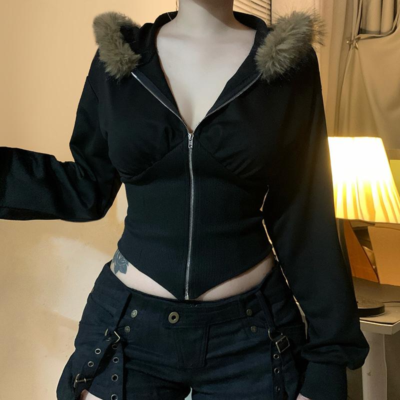 

Женские пальто с капюшоном и меховым воротником, повседневные толстовки на молнии, приталенные, простые, подходящие ко всему, черное пальто в стиле харадзюку, осенне-зимние толстовки S чёрный