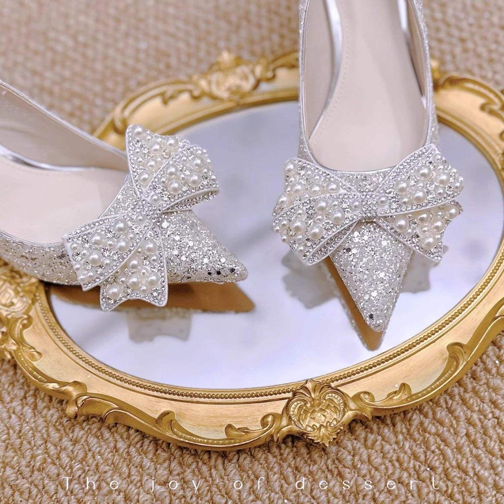 Silver Wedding Shoes Bridal Shoes 2025 New White Main Wedding Dress Xiuhe Crystal Shoes Fairy Style High Heels Female Stiletto
