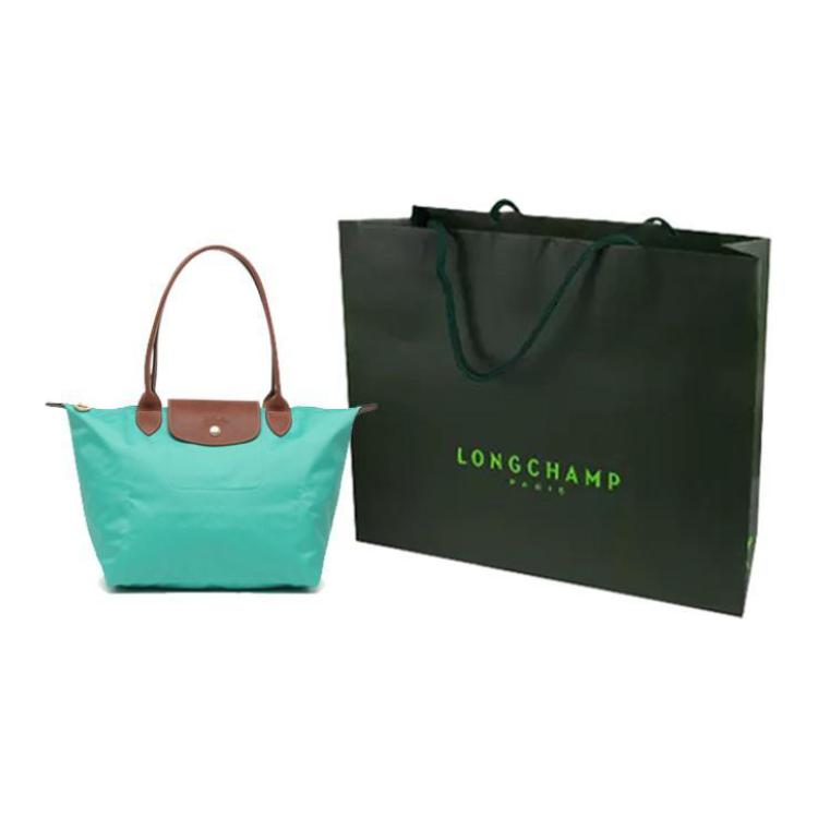 Longchamp Le Pliage 28 Chiusura con Bottone e Zip Manici Lunghi Tela e Pelle Borsa Tote a Forma di Raviolo Piccola da Donna Turchese-Blu 2605089P70