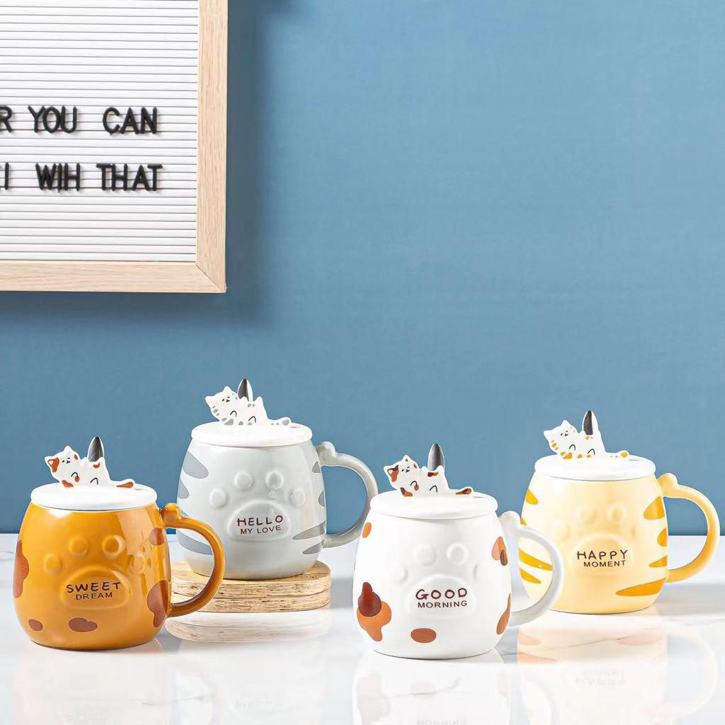 Tasse en céramique Chat avec couvercle et cuillère Petit cadeau d'ouverture Tasse à grande capacité Résistance aux hautes températures Tasse pour couple Fille de dessin animé