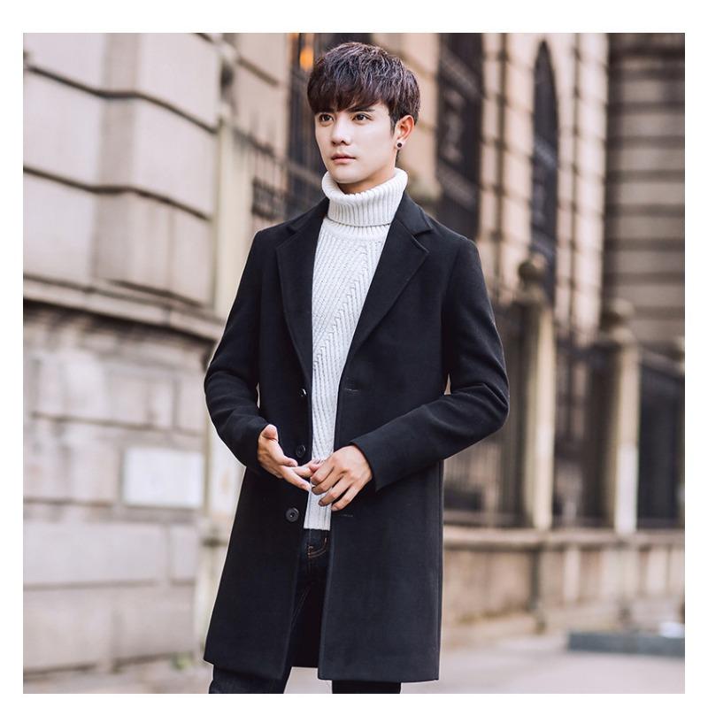 Men S Korean Style Slim Fit Solid Stand Collar Single Breasted Casual Woolen Overcoat
