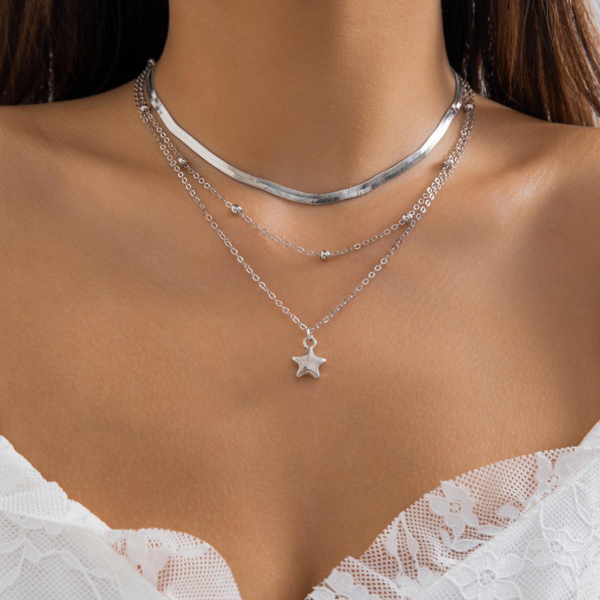 

KunJoe 3pcs/set Punk Silver Color Copper Bead Flat Snake Chain Necklace for Women Vintage Star Pendant Necklace Set