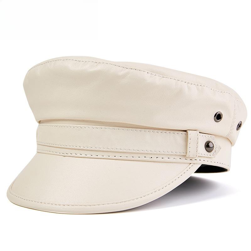 100% Sheepskin Military Hat - XXL Genuine Leather Flat Top Cap for Men/Women, Vintage Rock Style Unisex Headwearoll Captain Hat