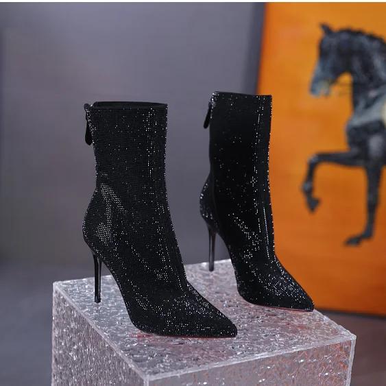 

Туфли на высоком каблуке для женщин 2024 года, ботильоны, блестящие, осень-зима, очень элегантные, женские, на каблуке, для стриптиза, сексуальные, модные, со стразами, для вечеринки, новые 39 чёрный