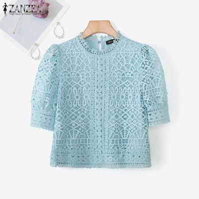 Women Casual Round Neck 3/4 Sleeve Lace Patchwork Blouse
